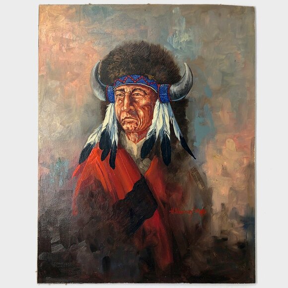 Native American Portrait Painting On Masonite By H. Murray